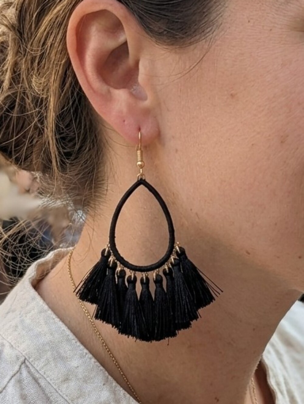 C.L.O.V.E.R. Black Tassel Teardrop Fringe Earrings with Gold Tone Hooks